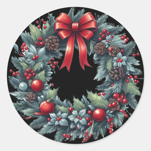 Kerst Evergreen krans Wenskaart Ronde Sticker (Voorkant)
