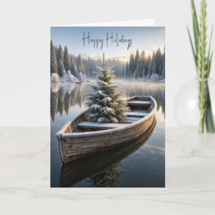 Kerst Evergroene Boom in Rustieke Roeiboot Kaart