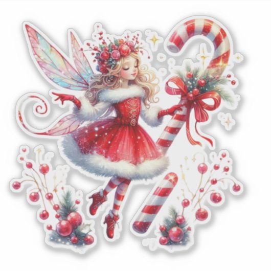 Kerst Fairy Red White Candy Cane Sticker (Voorkant)
