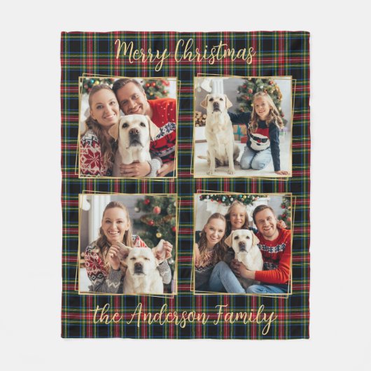Kerst Familie Custom 4 Foto's Holiday Plaid Fleece Deken (Voorkant)