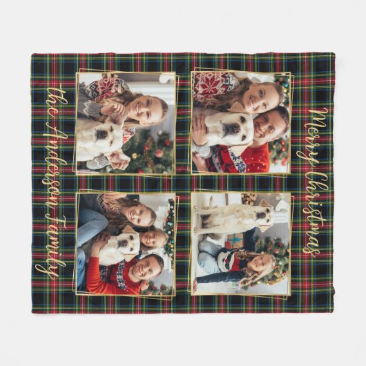 Kerst Familie Custom 4 Foto's Holiday Plaid Fleece Deken (Voorkant (Horizontaal))