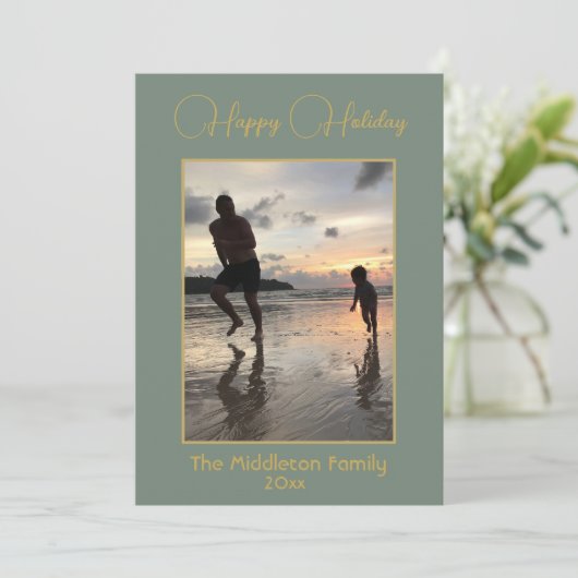 Kerst Familie Foto Elegant Groen Goud Vrolijk Feestdagenkaart (Staand voorkant)