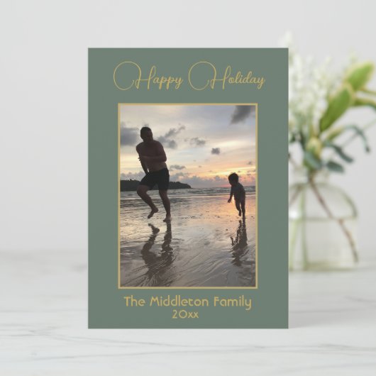 Kerst Familie Foto Elegant Groen Goud Vrolijk Feestdagenkaart (Staand voorkant)
