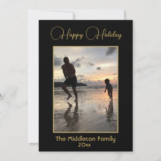 Kerst Familie Foto Elegant Zwart Goud Vrolijk Feestdagenkaart (Voorkant)