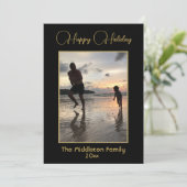 Kerst Familie Foto Elegant Zwart Goud Vrolijk Feestdagenkaart (Staand voorkant)