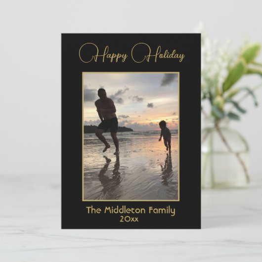 Kerst Familie Foto Elegant Zwart Goud Vrolijk Feestdagenkaart (Staand voorkant)