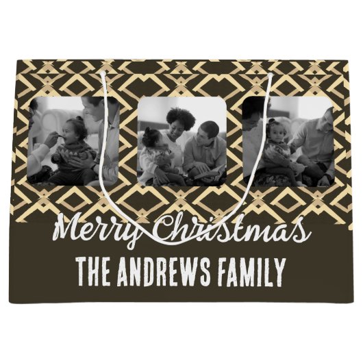 Kerst Familie Foto Geometrische Bruin Beige Groot Cadeauzakje (Voorkant)