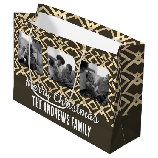 Kerst Familie Foto Geometrische Bruin Beige Groot Cadeauzakje (Voorkant Gekanteld)
