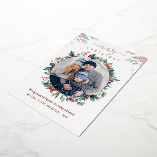 Kerst familie foto groen Rose Goud Folie Feestdagenkaart (Gedraaid)