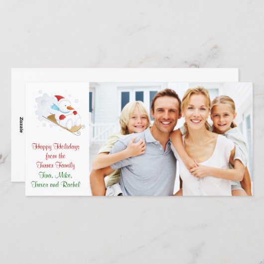 Kerst familie foto kaart, met een sneeuwman rijden feestdagenkaart (Voorkant / Achterkant)