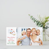 Kerst familie foto kaart, met een sneeuwman rijden feestdagenkaart (Staand voorkant)