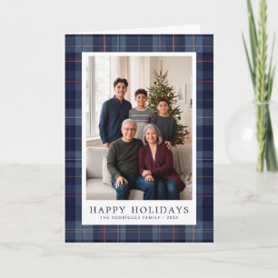 Kerst Familie Foto met Marine Schotse Ruit Feestdagen Kaart