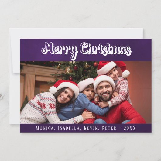 Kerst familie foto paarse witte script modern feestdagenkaart (Voorkant)