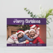 Kerst familie foto paarse witte script modern feestdagenkaart (Staand voorkant)