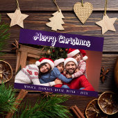 Kerst familie foto paarse witte script modern feestdagenkaart