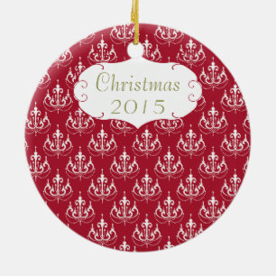 Kerst familie foto rode kroonluchter #5 Damast Keramisch Ornament