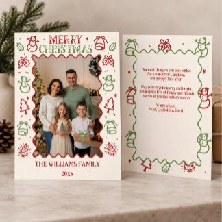 Kerst Familie Foto Rood Groen Doodle Rand Feestdagenkaart
