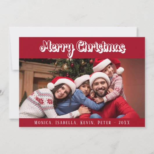 Kerst familie foto rood wit script modern feestdagenkaart (Voorkant)