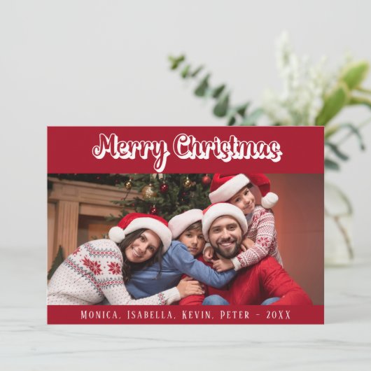 Kerst familie foto rood wit script modern feestdagenkaart (Staand voorkant)