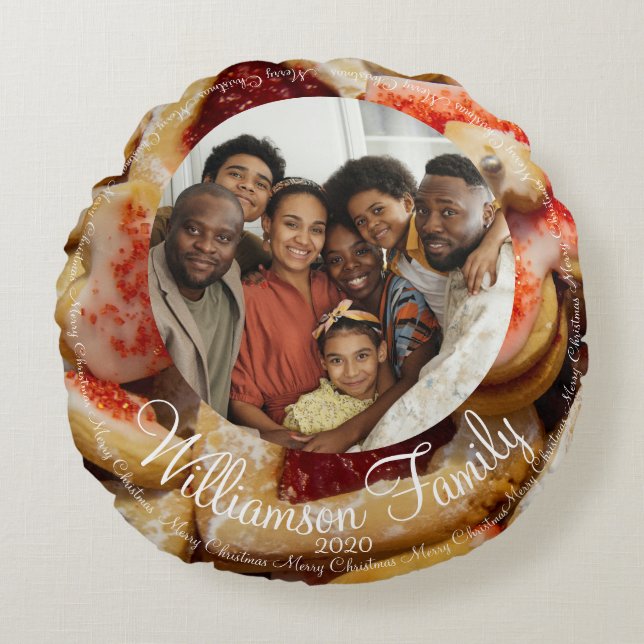 Kerst Familie Foto Suiker Cookie Rond Kussen (Voorkant)