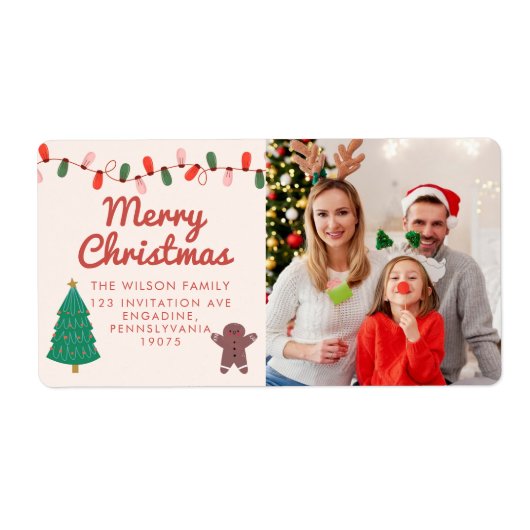 Kerst Familie Foto Vrolijk Kerstmis Adres Etiket (Voorkant)