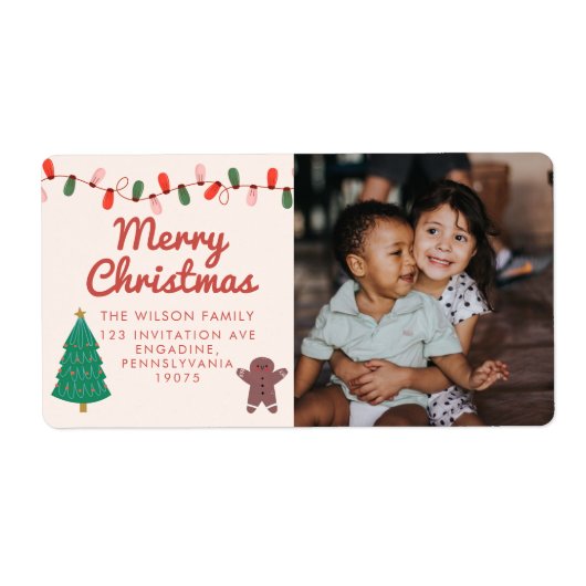 Kerst Familie Foto Vrolijk Kerstmis Adres Etiket (Voorkant)