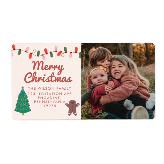 Kerst Familie Foto Vrolijk Kerstmis Adreslabel Etiket (Voorkant)