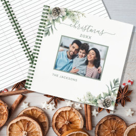 Kerst familie foto witte kegel dennenboom naam notitieboek