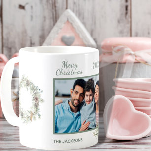 Kerst familie foto witte kegel dennenkrans koffiemok