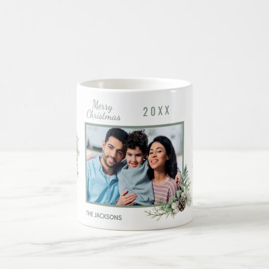 Kerst familie foto witte kegel dennenkrans koffiemok (Center)