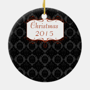 Kerst familie foto zwart & grijs damast keramisch ornament