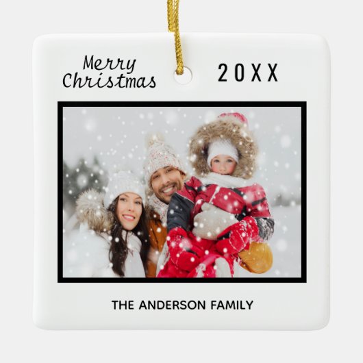 Kerst familie foto zwart wit elegant keramisch ornament (Voorkant)