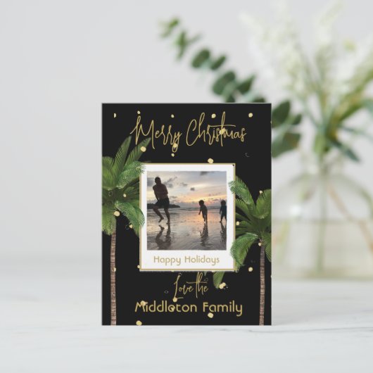 Kerst Familie Goud Zwart Tropische Vakantie Feestdagenkaart (Staand voorkant)