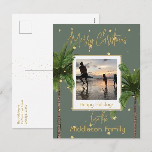 Kerst Familie Groen Goud Tropische Vakantie Feestdagenkaart (Voorkant / Achterkant)