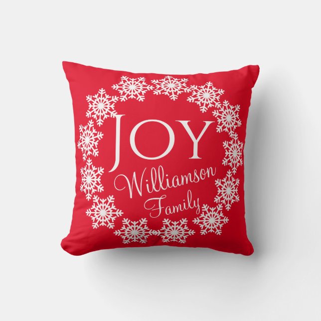 Kerst Familie JOY Rood met Witte Sneeuwvlokken Kussen (Voorkant)