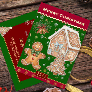 Kerst Familie Kaart, Gingerbread Man, Rood /Groen Folie Feestdagenkaart