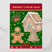 Kerst Familie Kaart, Gingerbread Man, Rood /Groen Folie Feestdagenkaart (Voorkant)