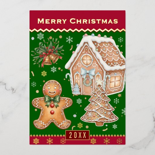 Kerst Familie Kaart, Gingerbread Man, Rood /Groen Folie Feestdagenkaart (Voorkant)