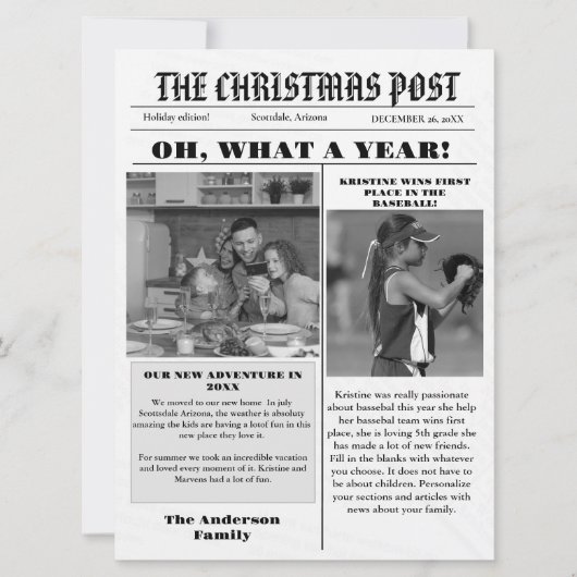 Kerst familie krant + jaar in de Review foto Kaart (Voorkant)