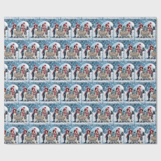 Kerst familie pinguïns met een houten teken cadeaupapier (Vlak)