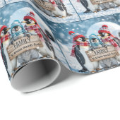 Kerst familie pinguïns met een houten teken cadeaupapier (Rol Hoek)