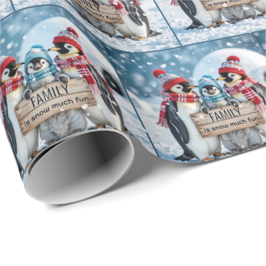 Kerst familie pinguïns met een houten teken cadeaupapier (Rol Hoek)