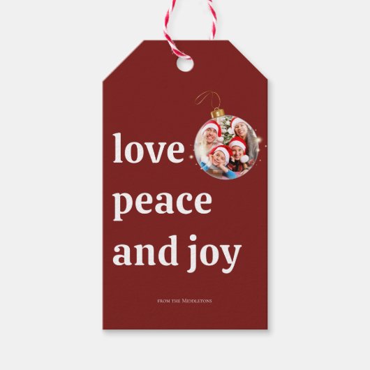 Kerst Familiefoto Liefde Vrede Joy Vakantie Cadeaulabel (Voorkant)
