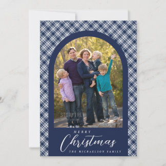 Kerst familiefoto met marineblauw ruitpatroon feestdagenkaart