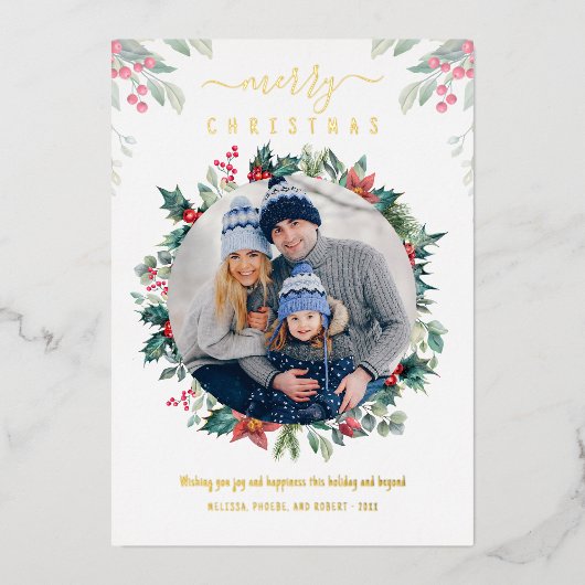 Kerst Familiefoto Plaid Gold Folie Feestdagenkaart (Voorkant)