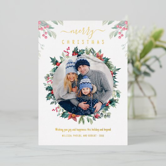 Kerst Familiefoto Plaid Gold Folie Feestdagenkaart (Staand Voorkant)