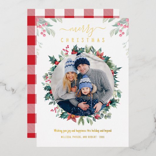 Kerst Familiefoto Plaid Gold Folie Feestdagenkaart (Voorkant / Achterkant)