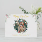 Kerst Familiefoto Rustiek Plaid Goud Folie Feestdagenkaart (Staand Voorkant)