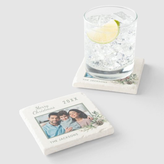 Kerst familiefoto witte dennenappel groen stenen onderzetter (Zijkant)