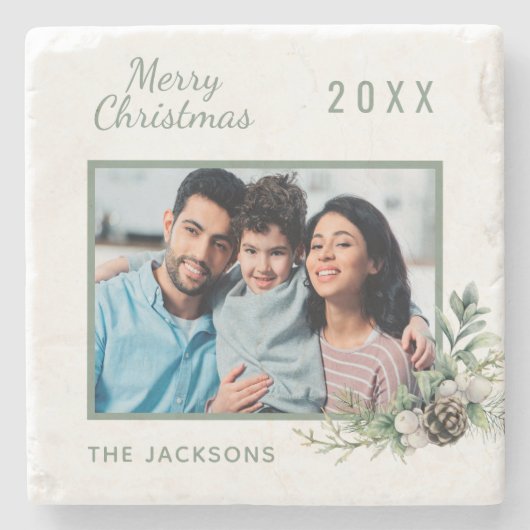 Kerst familiefoto witte dennenappel groen stenen onderzetter (Voorkant)